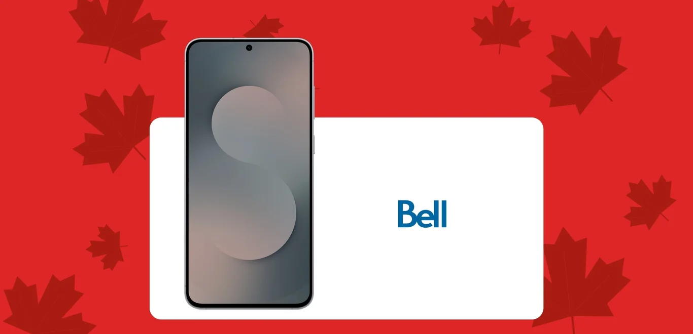 A silver Galaxy S25 FE front facing device next to a Bell logo inside a white container against a red background covered in dark red maple leaves.