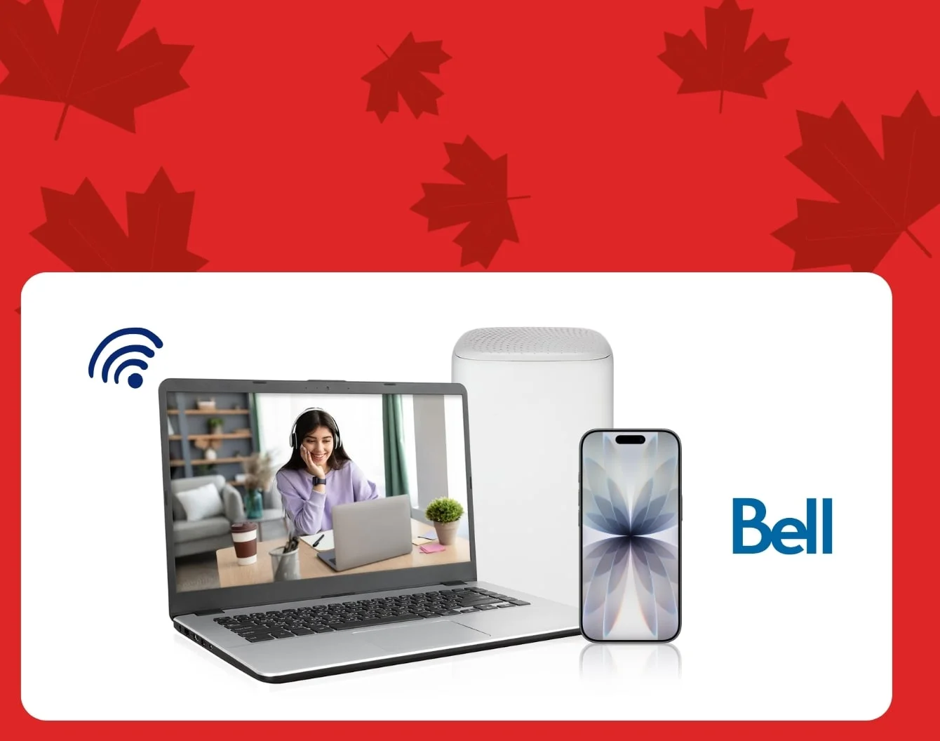 A laptop screen in front of a white modem displays a woman laughing while watching FIFA World Cup on her laptop next to a blue Bell logo.